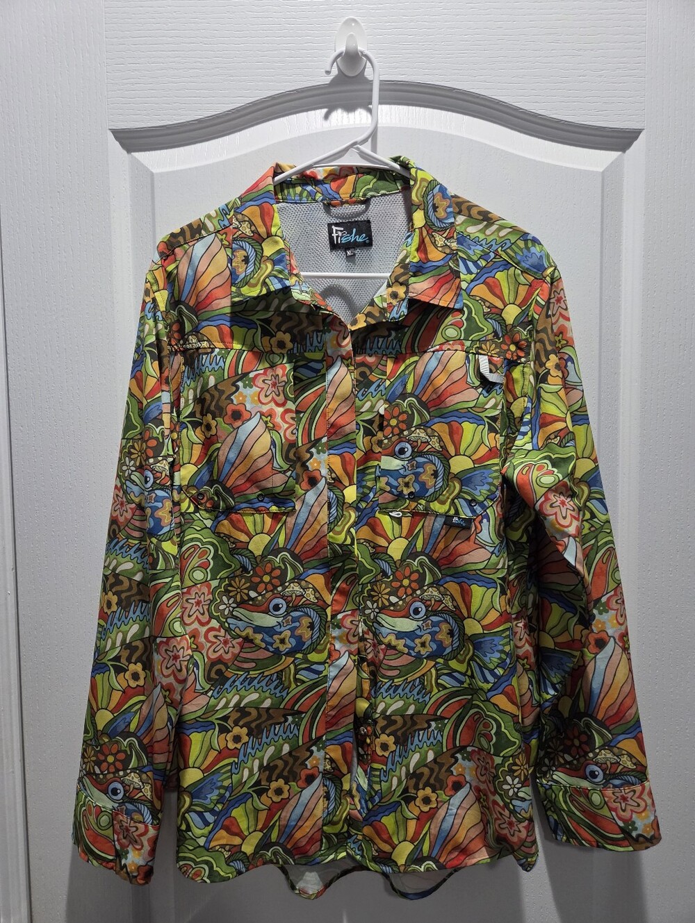 Fishe Ladies Hidden Button Down Long Sleeve Fish Pattern, Light Weight